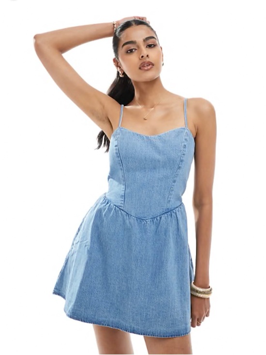 Hollister Dresses & Skirts - Hollister Light Wash Denim Drop Waist Mini Dress Romper XL Y2K Coquette Babydoll